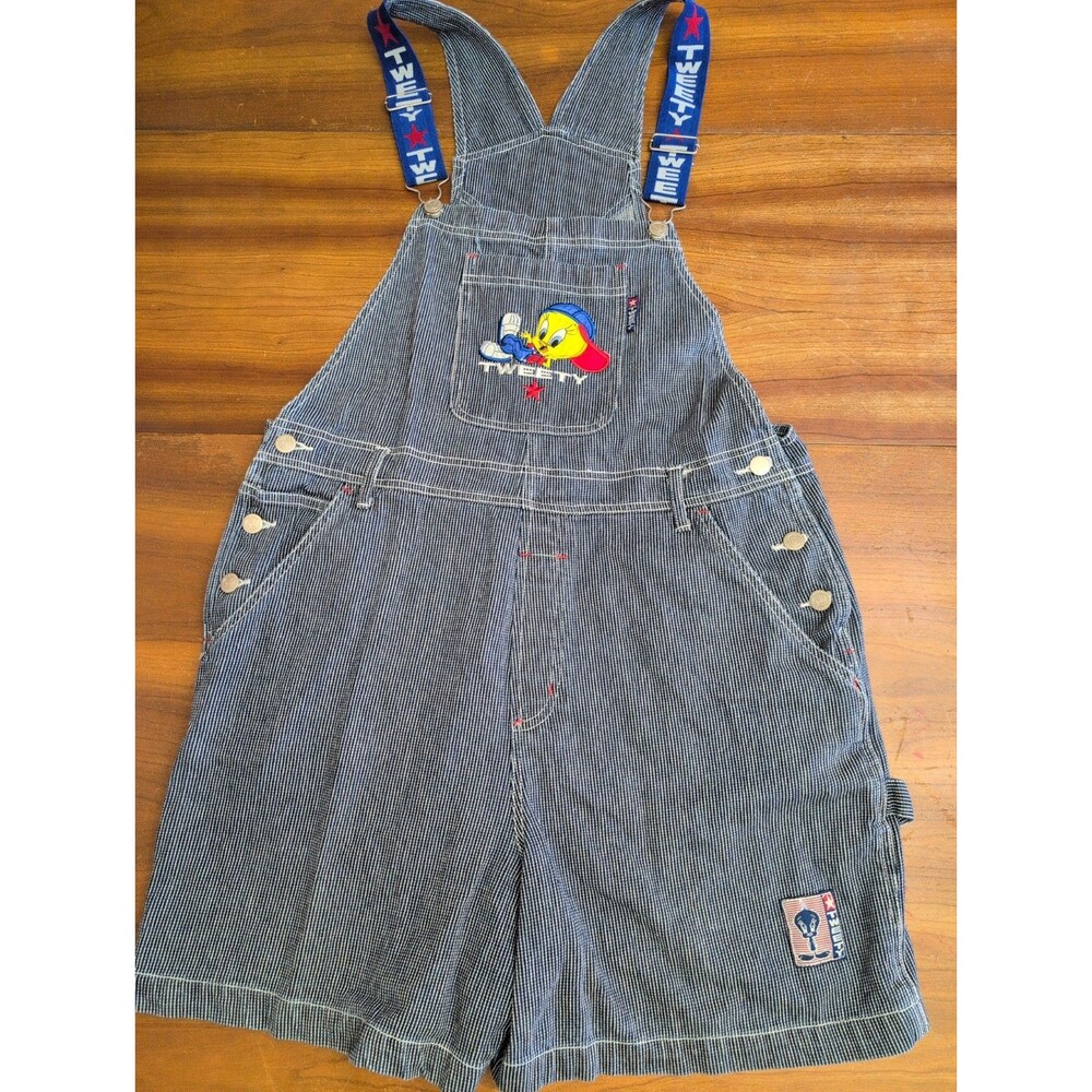 VTG Looney Tunes Tweety Bird Denim Shortalls Womens L Hickory Striped Y2K 90s